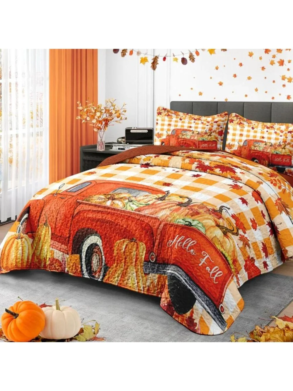 Cozy King Fall Quilt Set - 3 Piece Autumn Truck Bedding, Perfect for Seasonal